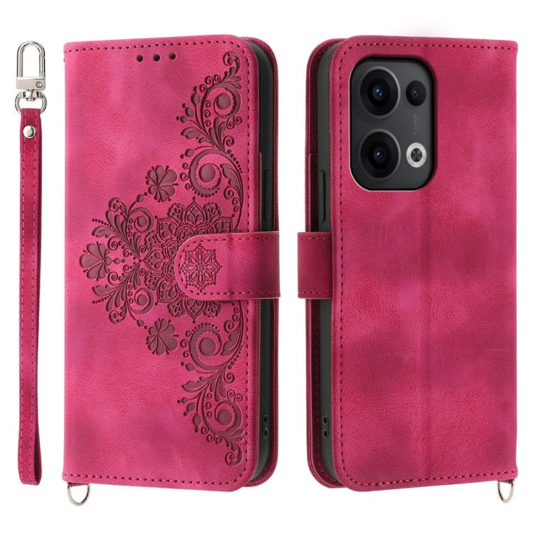 For Oppo Reno13 5G (Global) Case Flower Pattern PU Leather Wallet Phone Cover with Strap - Wine Red