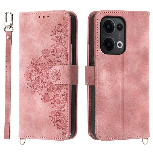 For Oppo Reno13 5G (Global) Case Flower Pattern PU Leather Wallet Phone Cover with Strap - Pink