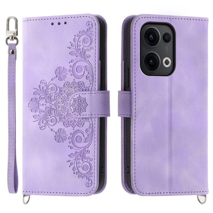 For Oppo Reno13 5G (Global) Case Flower Pattern PU Leather Wallet Phone Cover with Strap - Light Purple