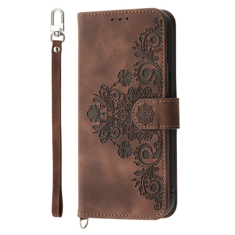 For Oppo Reno13 5G (Global) Case Flower Pattern PU Leather Wallet Phone Cover with Strap - Brown