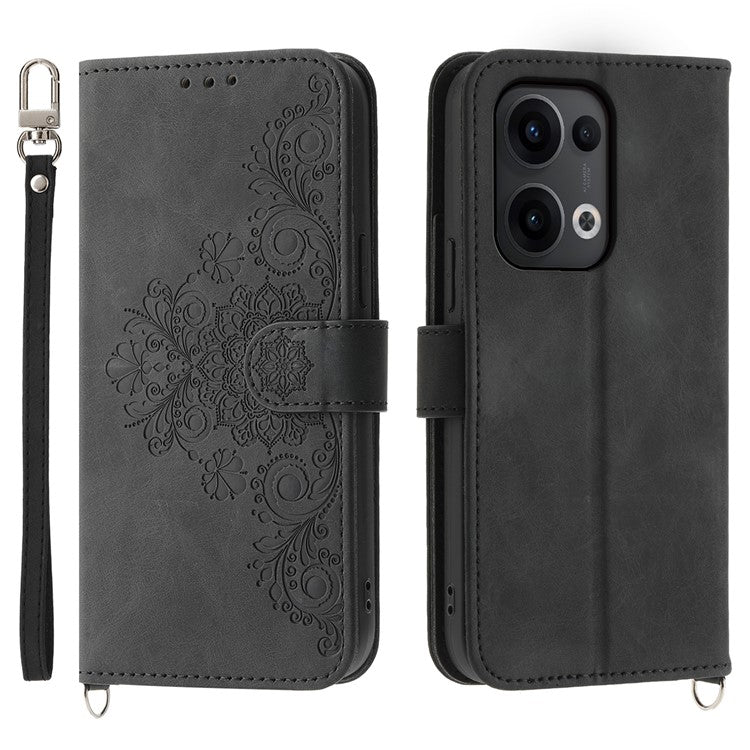 For Oppo Reno13 5G (Global) Case Flower Pattern PU Leather Wallet Phone Cover with Strap - Black