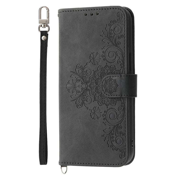 For Oppo Reno13 5G (Global) Case Flower Pattern PU Leather Wallet Phone Cover with Strap - Black