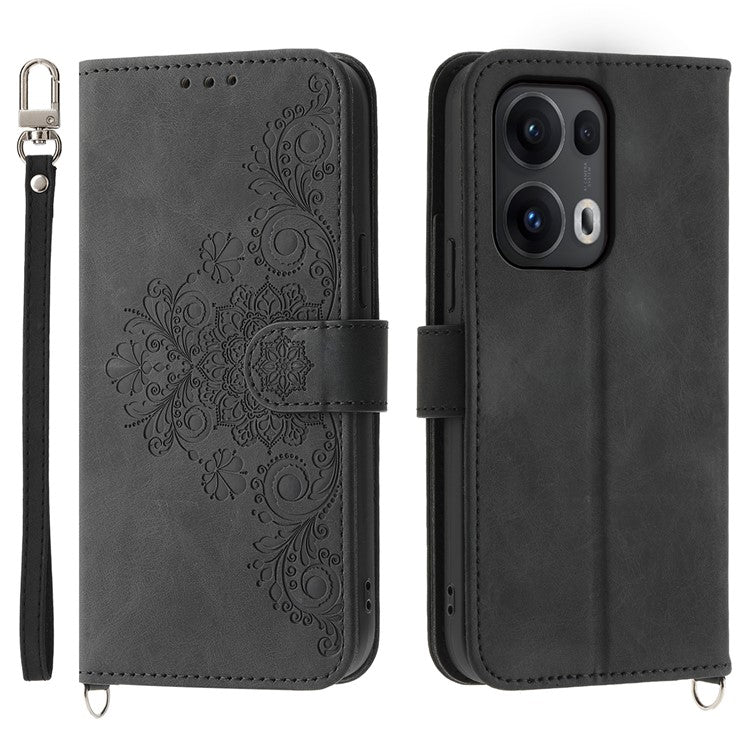 For Oppo Reno13 Pro 5G Case Flower Pattern PU Leather Wallet Phone Cover with Strap - Black