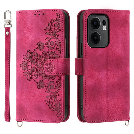 For Oppo Reno13 F 5G Case Flower Pattern PU Leather Wallet Phone Cover with Strap - Wine Red