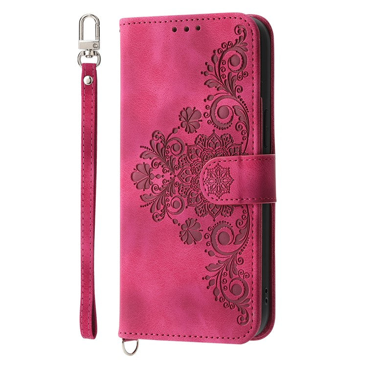 For Oppo Reno13 F 5G Case Flower Pattern PU Leather Wallet Phone Cover with Strap - Wine Red