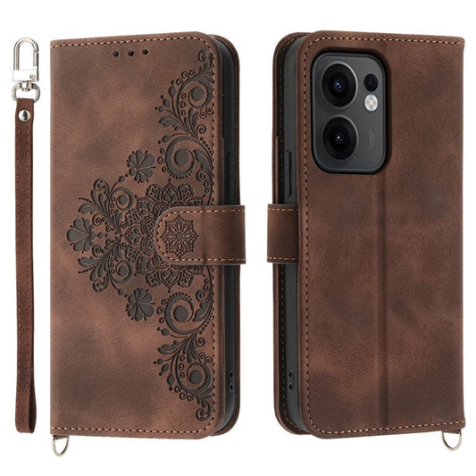 For Oppo Reno13 F 5G Case Flower Pattern PU Leather Wallet Phone Cover with Strap - Brown