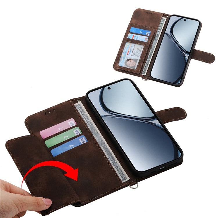 For Oppo Reno13 F 5G Case Flower Pattern PU Leather Wallet Phone Cover with Strap - Brown