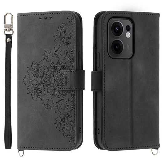 For Oppo Reno13 F 5G Case Flower Pattern PU Leather Wallet Phone Cover with Strap - Black