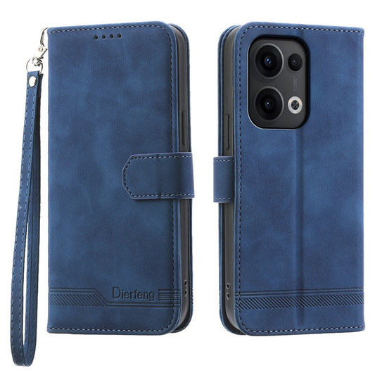 DIERFENG DF-03 For Oppo Reno13 5G (Global) Leather Case Lines Imprint Wallet Phone Cover - Blue