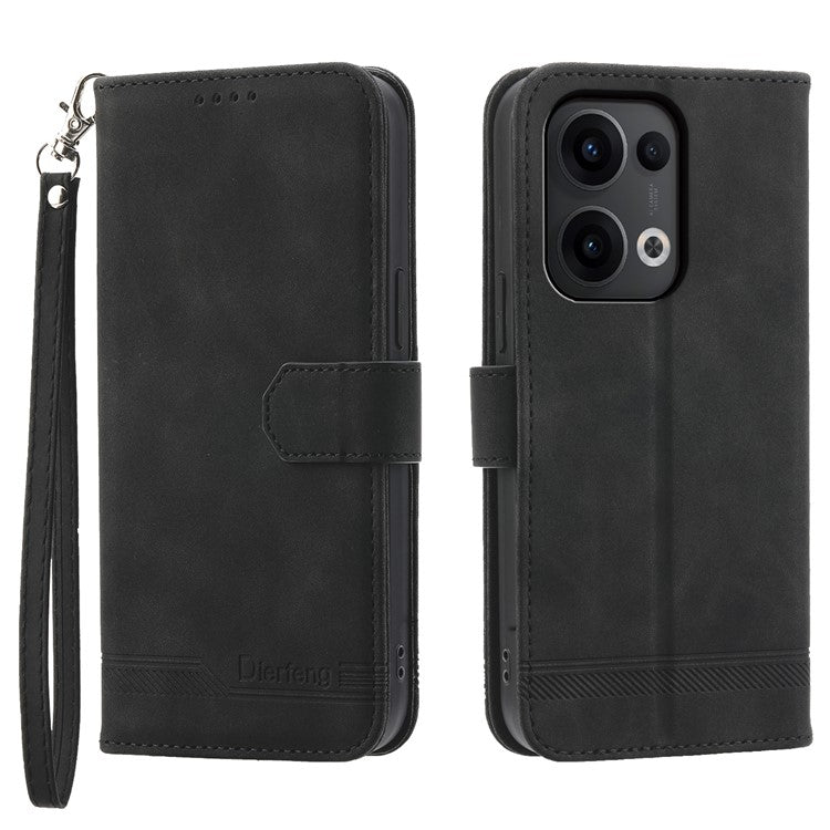 DIERFENG DF-03 For Oppo Reno13 5G (Global) Leather Case Lines Imprint Wallet Phone Cover - Black