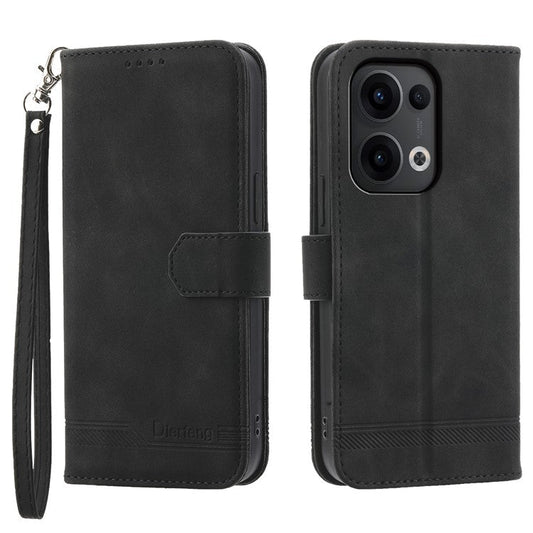 DIERFENG DF-03 For Oppo Reno13 5G (Global) Leather Case Lines Imprint Wallet Phone Cover - Black