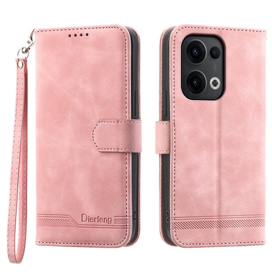 DIERFENG DF-03 For Oppo Reno13 Pro 5G Leather Case Lines Imprint Wallet Phone Cover - Pink