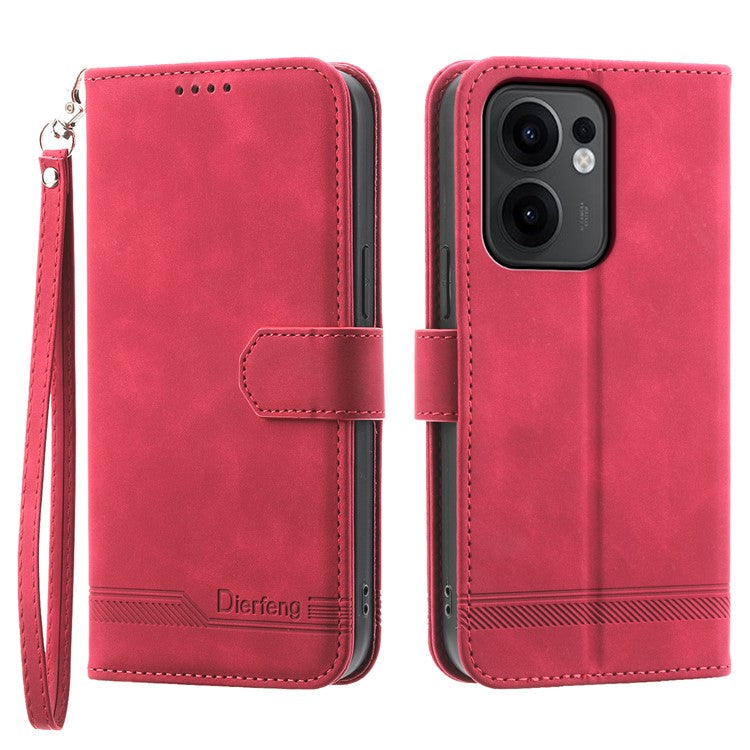 DIERFENG DF-03 For Oppo Reno13 F 5G Leather Case Lines Imprint Wallet Phone Cover - Red