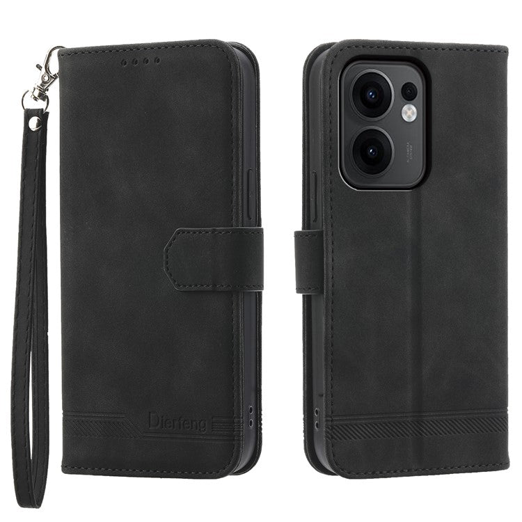 DIERFENG DF-03 For Oppo Reno13 F 5G Leather Case Lines Imprint Wallet Phone Cover - Black