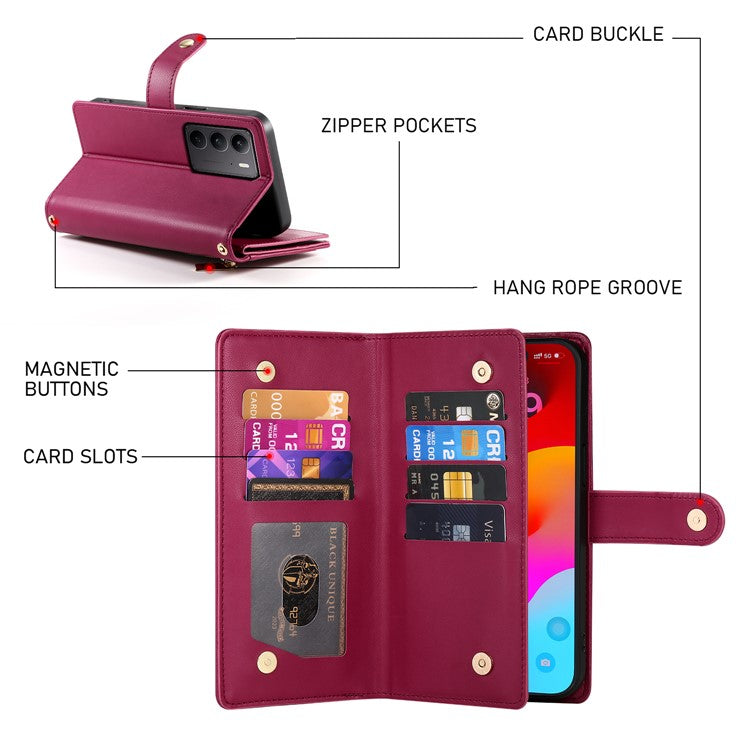 DF-011 For Oppo Reno13 5G (Global) Case Zipper Pocket Wallet Leather Phone Cover with Straps - Red