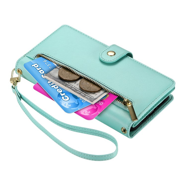 DF-011 For Oppo Reno13 5G (Global) Case Zipper Pocket Wallet Leather Phone Cover with Straps - Mint Green
