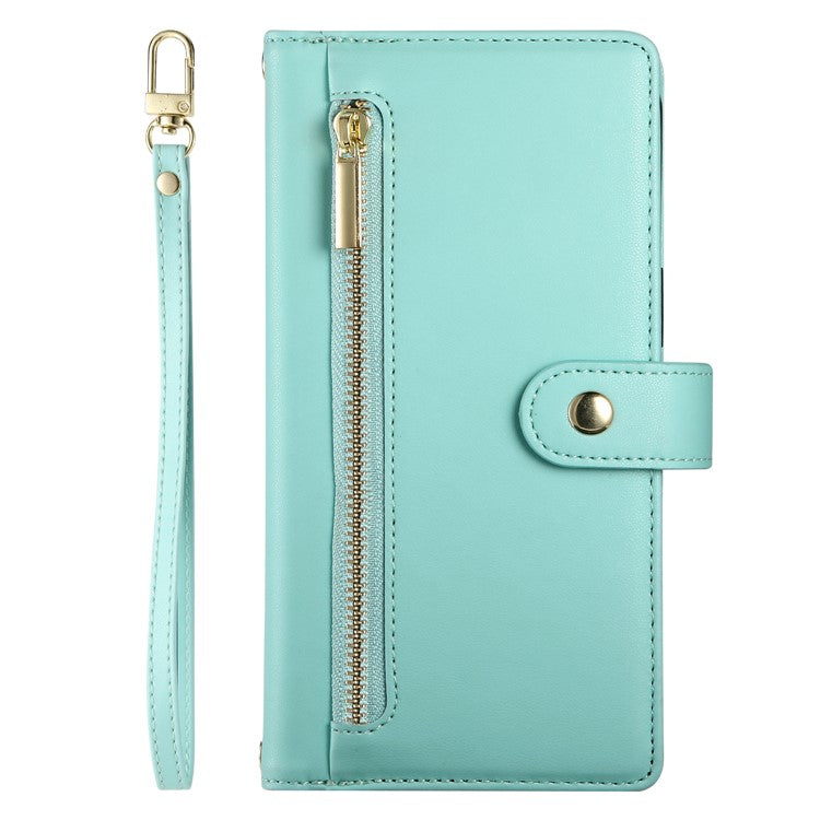 DF-011 For Oppo Reno13 5G (Global) Case Zipper Pocket Wallet Leather Phone Cover with Straps - Mint Green