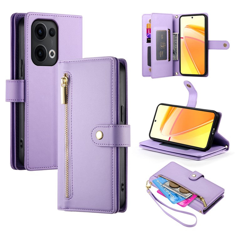 DF-011 For Oppo Reno13 5G (Global) Case Zipper Pocket Wallet Leather Phone Cover with Straps - Purple