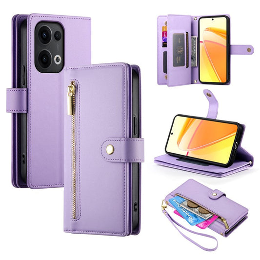 DF-011 For Oppo Reno13 5G (Global) Case Zipper Pocket Wallet Leather Phone Cover with Straps - Purple