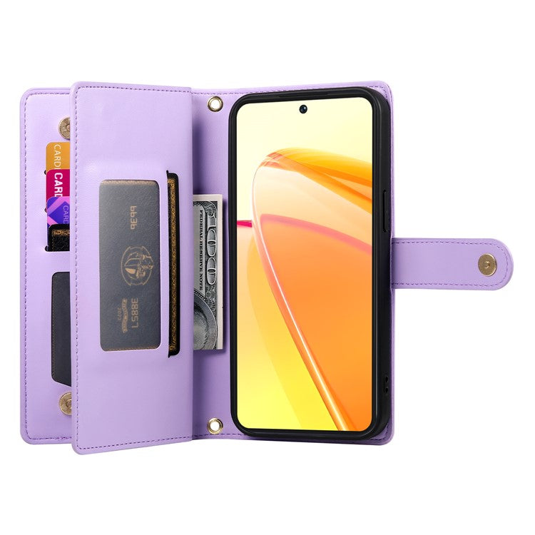 DF-011 For Oppo Reno13 5G (Global) Case Zipper Pocket Wallet Leather Phone Cover with Straps - Purple