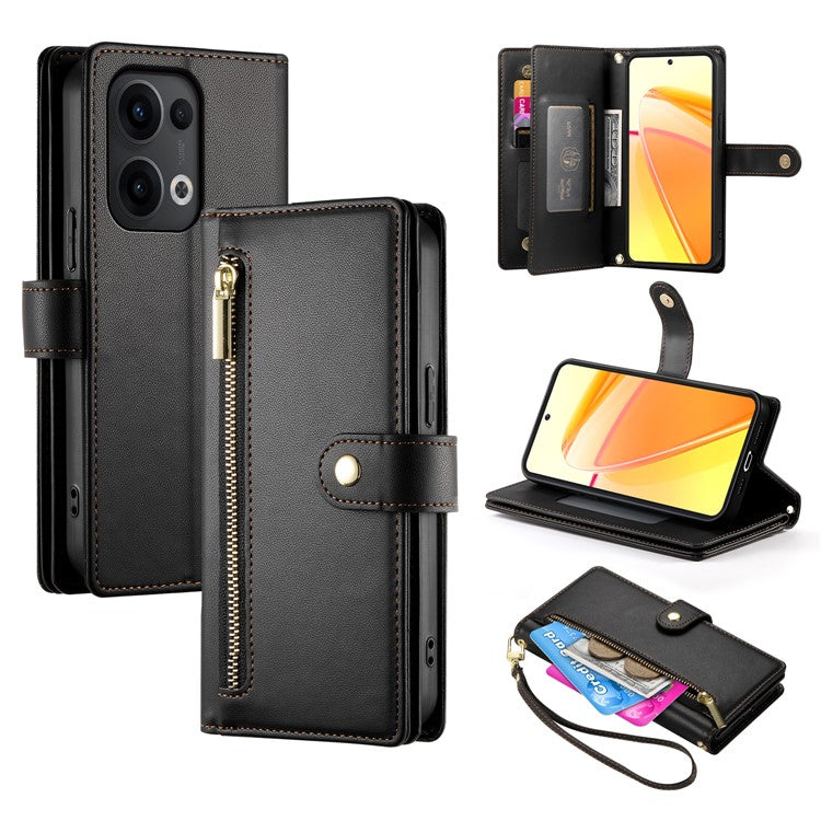 DF-011 For Oppo Reno13 5G (Global) Case Zipper Pocket Wallet Leather Phone Cover with Straps - Black