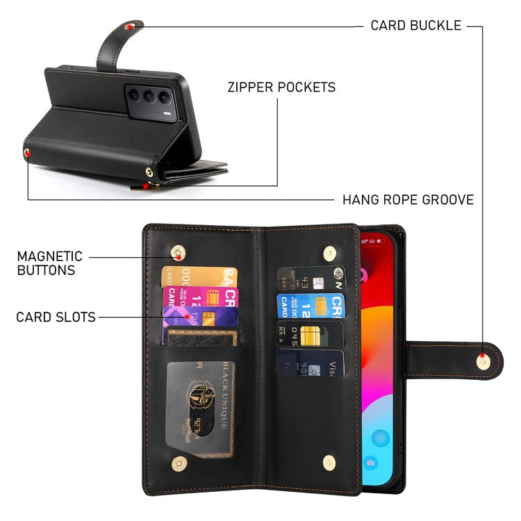 DF-011 For Oppo Reno13 5G (Global) Case Zipper Pocket Wallet Leather Phone Cover with Straps - Black