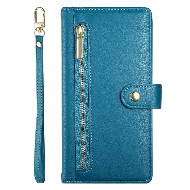 DF-011 For Oppo Reno13 5G (Global) Case Zipper Pocket Wallet Leather Phone Cover with Straps - Blue