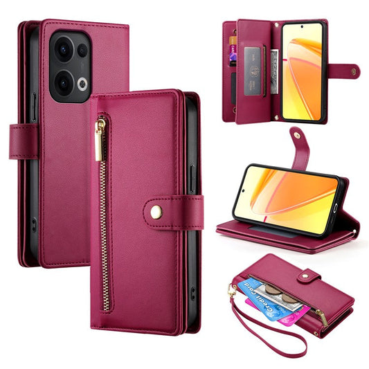 DF-011 For Oppo Reno13 Pro 5G Case Zipper Pocket Wallet Leather Phone Cover with Straps - Red