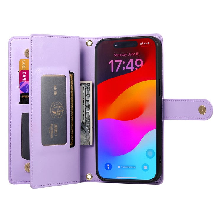 DF-011 For Oppo Reno13 Pro 5G Case Zipper Pocket Wallet Leather Phone Cover with Straps - Purple