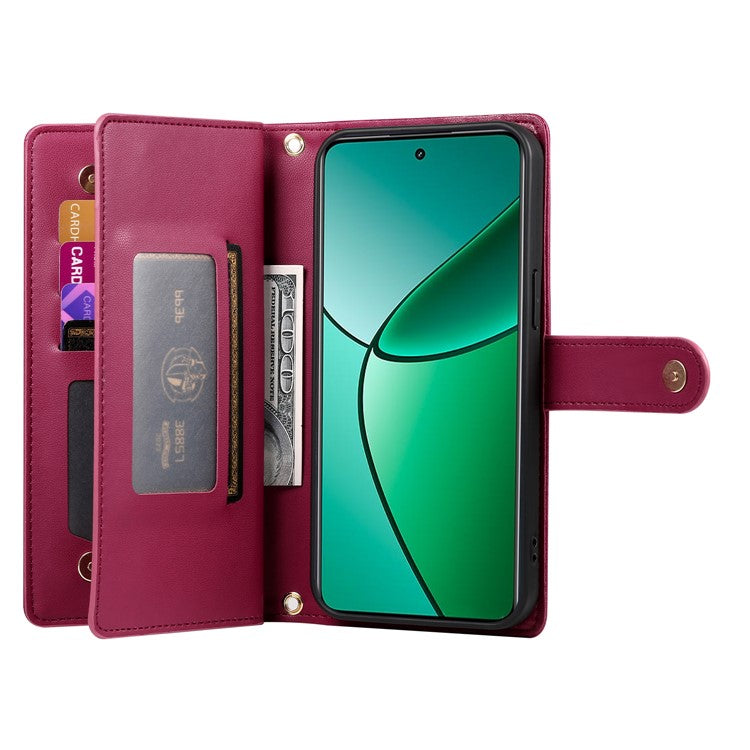 DF-011 For Oppo Reno13 F 5G Case Zipper Pocket Wallet Leather Phone Cover with Straps - Red