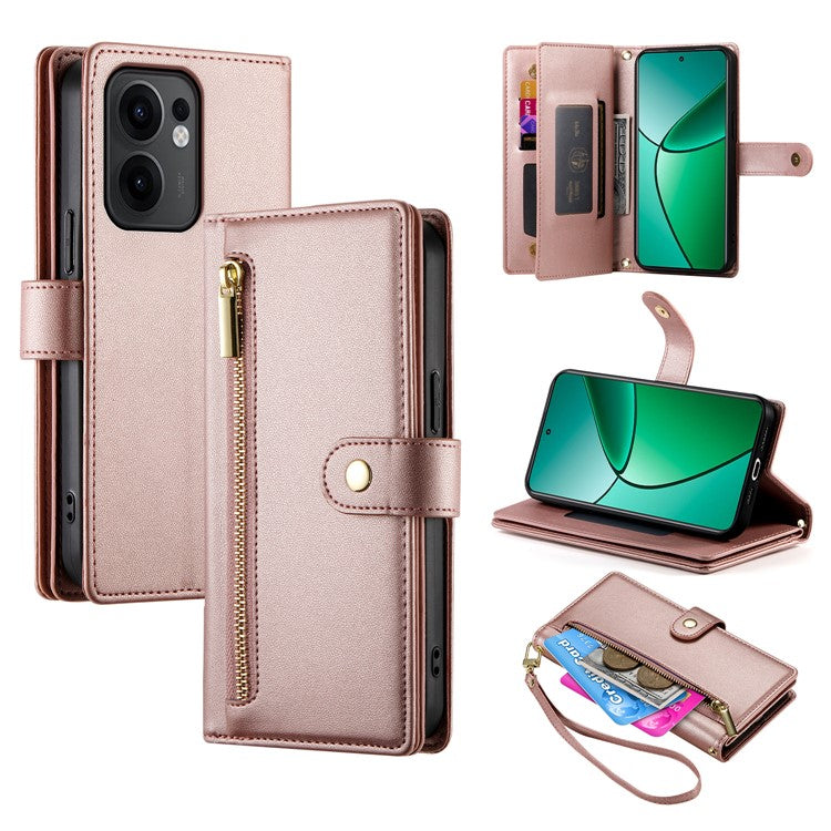 DF-011 For Oppo Reno13 F 5G Case Zipper Pocket Wallet Leather Phone Cover with Straps - Pink