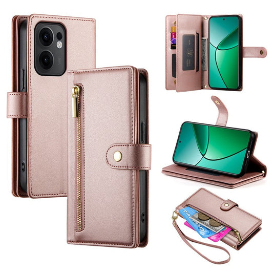 DF-011 For Oppo Reno13 F 5G Case Zipper Pocket Wallet Leather Phone Cover with Straps - Pink