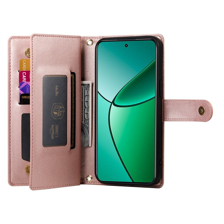 DF-011 For Oppo Reno13 F 5G Case Zipper Pocket Wallet Leather Phone Cover with Straps - Pink