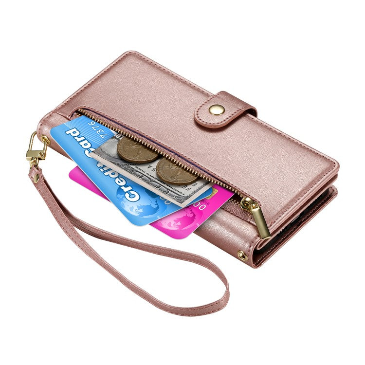 DF-011 For Oppo Reno13 F 5G Case Zipper Pocket Wallet Leather Phone Cover with Straps - Pink