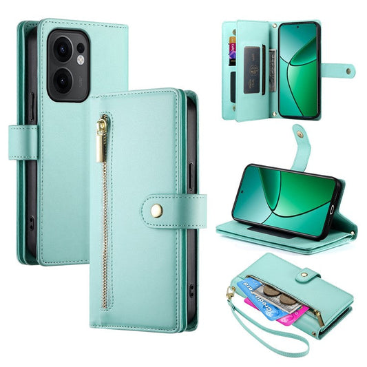 DF-011 For Oppo Reno13 F 5G Case Zipper Pocket Wallet Leather Phone Cover with Straps - Mint Green