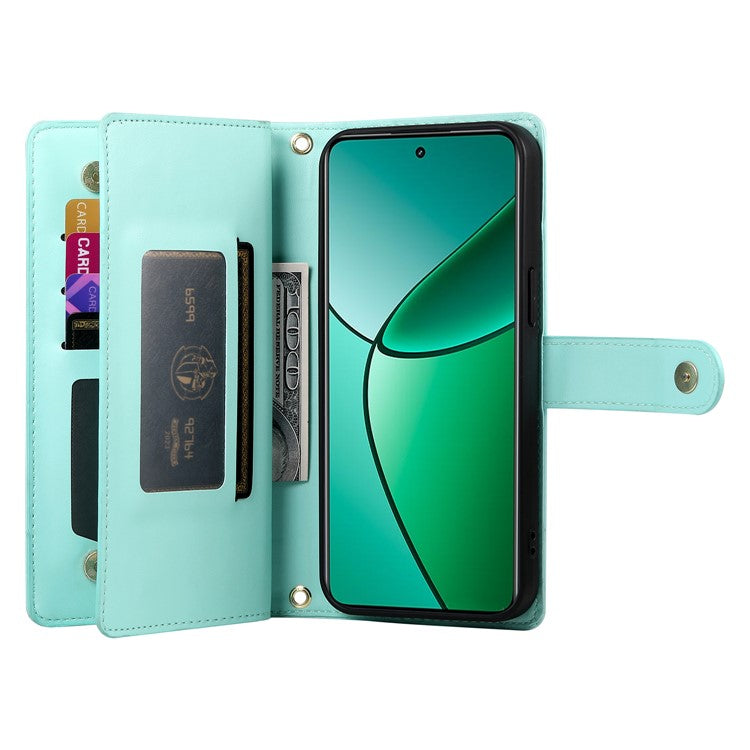DF-011 For Oppo Reno13 F 5G Case Zipper Pocket Wallet Leather Phone Cover with Straps - Mint Green