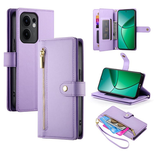 DF-011 For Oppo Reno13 F 5G Case Zipper Pocket Wallet Leather Phone Cover with Straps - Purple