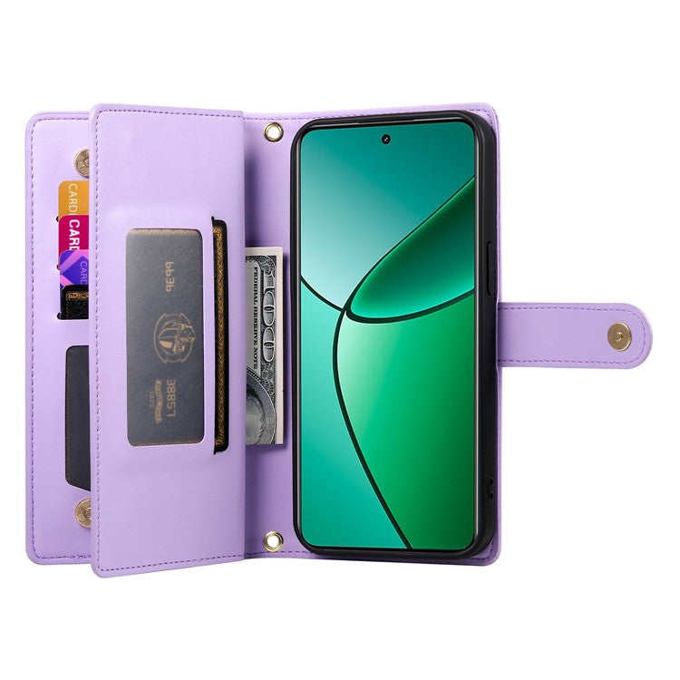 DF-011 For Oppo Reno13 F 5G Case Zipper Pocket Wallet Leather Phone Cover with Straps - Purple