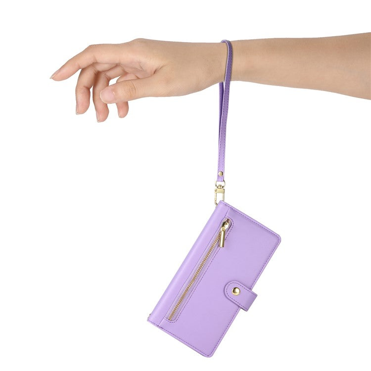 DF-011 For Oppo Reno13 F 5G Case Zipper Pocket Wallet Leather Phone Cover with Straps - Purple