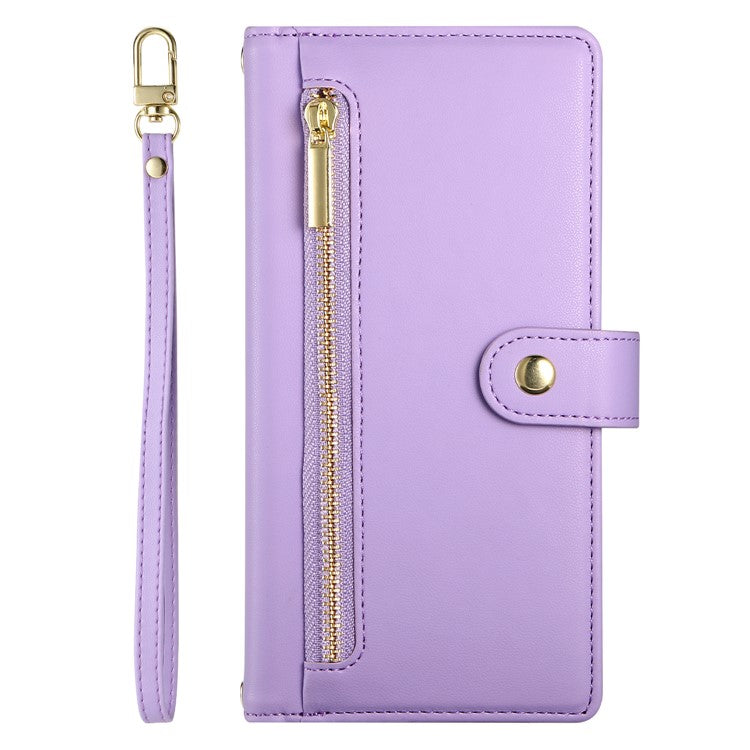 DF-011 For Oppo Reno13 F 5G Case Zipper Pocket Wallet Leather Phone Cover with Straps - Purple