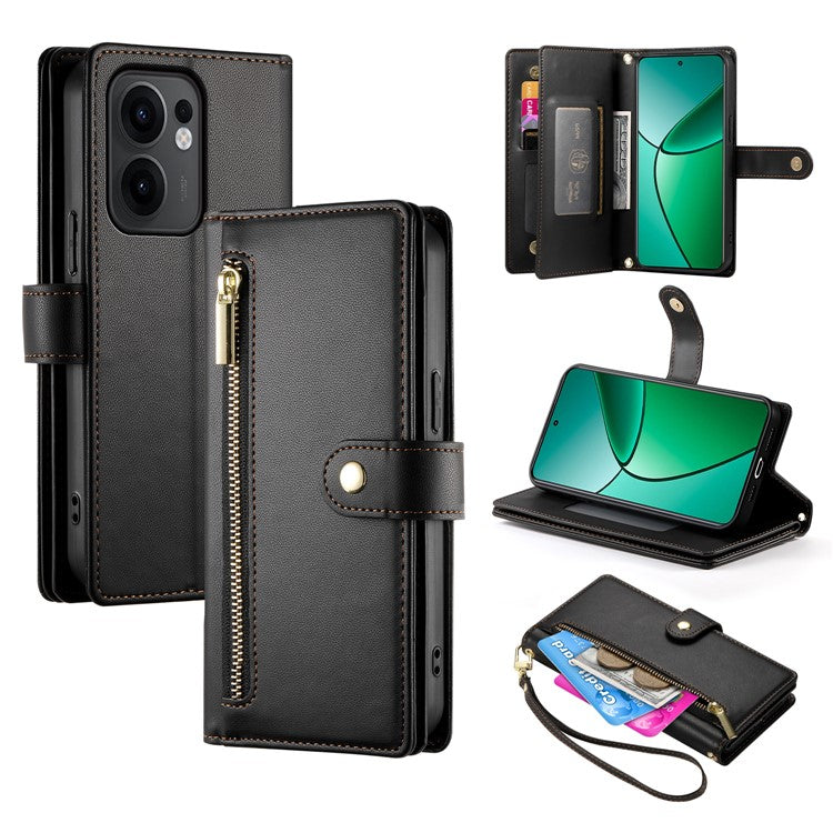 DF-011 For Oppo Reno13 F 5G Case Zipper Pocket Wallet Leather Phone Cover with Straps - Black