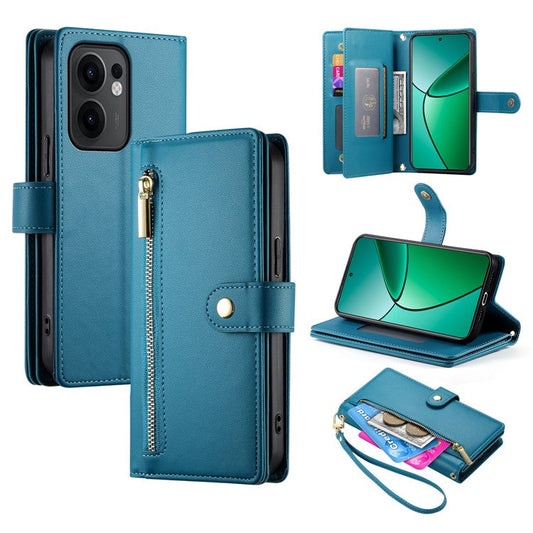 DF-011 For Oppo Reno13 F 5G Case Zipper Pocket Wallet Leather Phone Cover with Straps - Blue