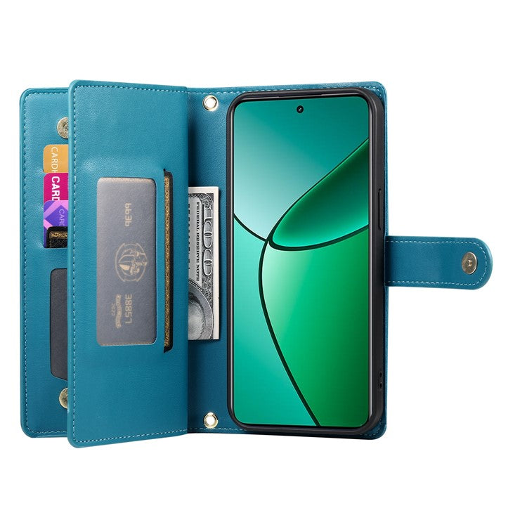 DF-011 For Oppo Reno13 F 5G Case Zipper Pocket Wallet Leather Phone Cover with Straps - Blue