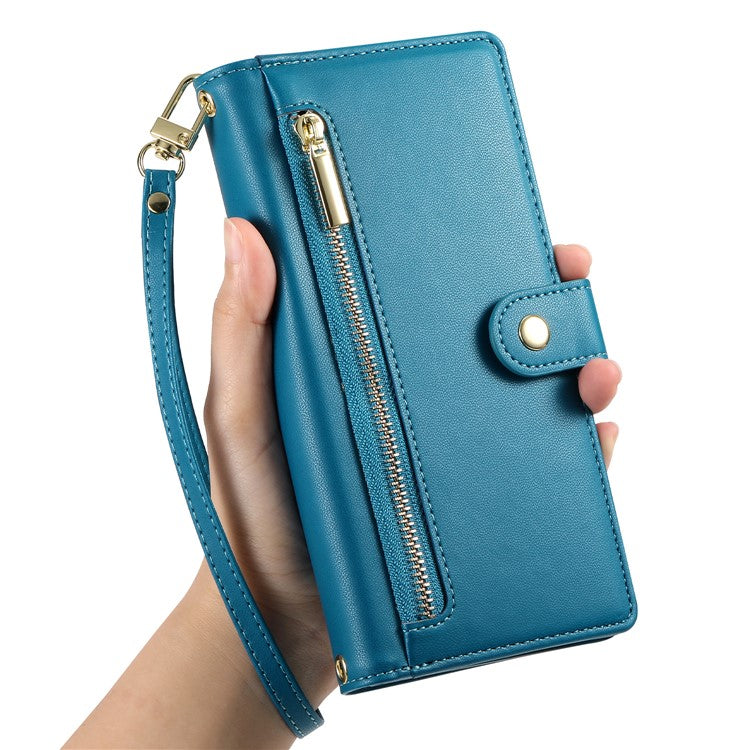 DF-011 For Oppo Reno13 F 5G Case Zipper Pocket Wallet Leather Phone Cover with Straps - Blue