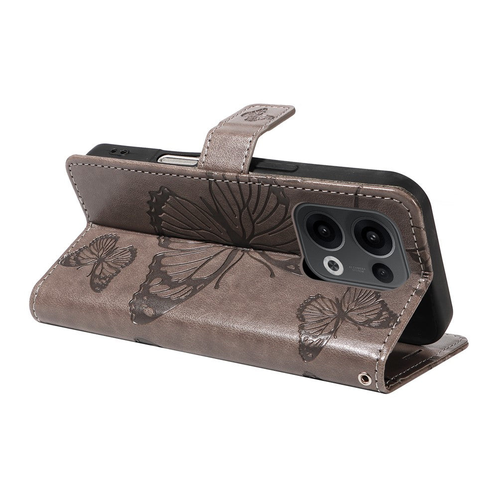 For Oppo Reno13 5G (Global) Wallet Case Floral Butterfly Imprinted Leather Phone Cover Stand - Grey
