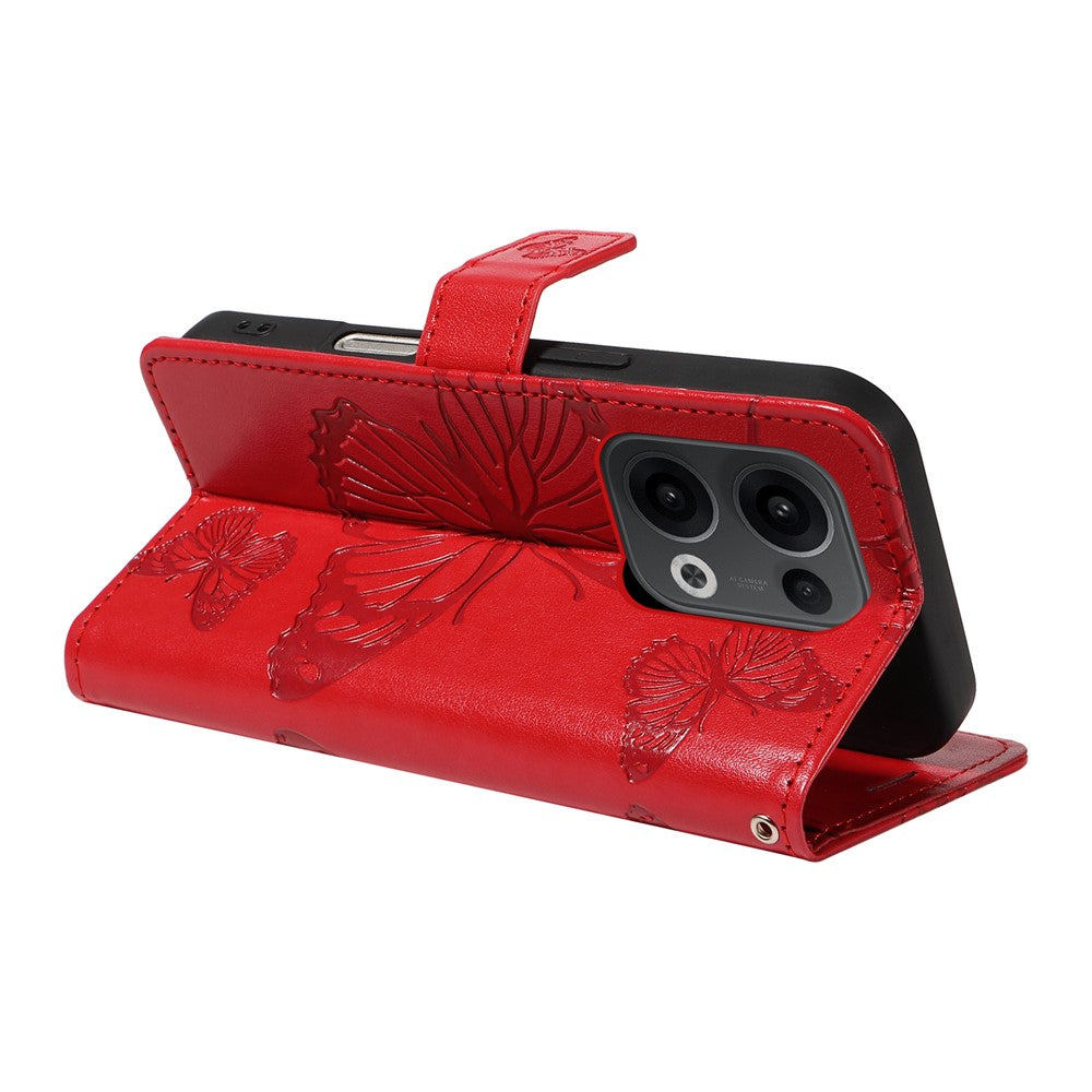 For Oppo Reno13 5G (Global) Wallet Case Floral Butterfly Imprinted Leather Phone Cover Stand - Red