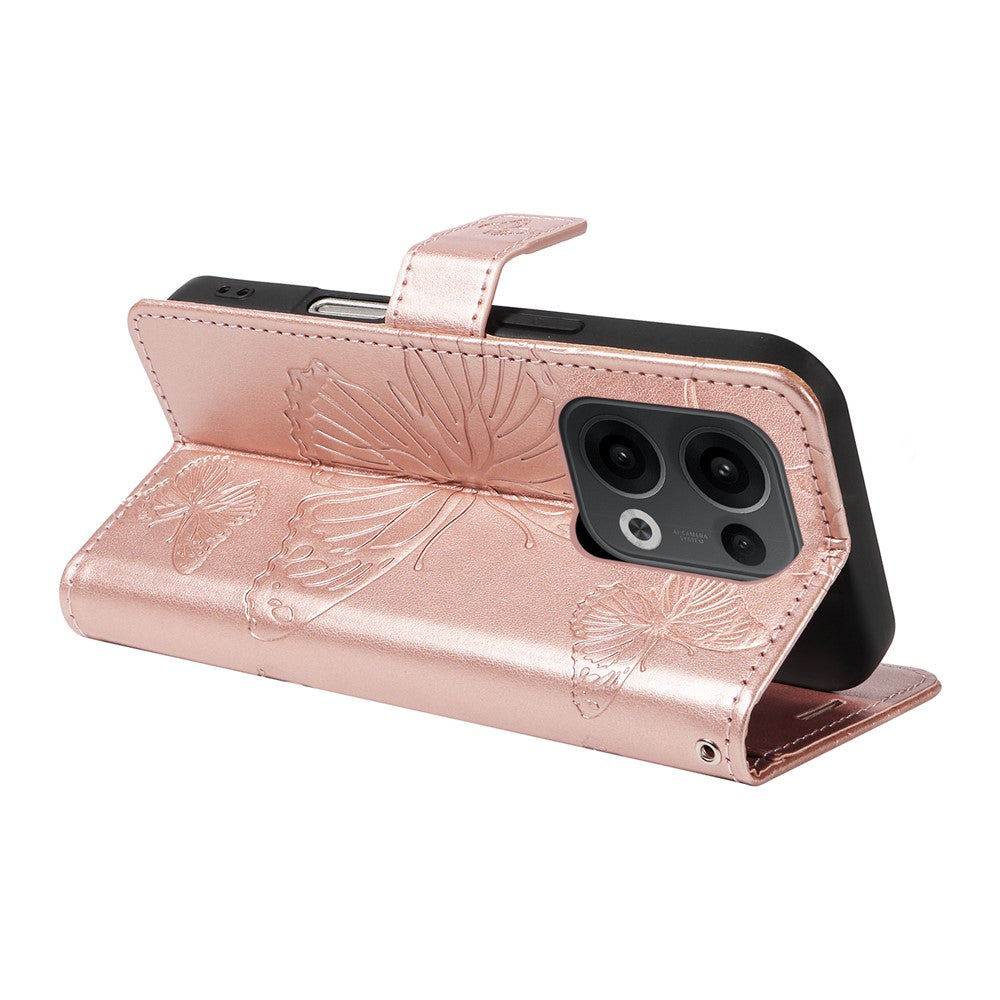 For Oppo Reno13 5G (Global) Wallet Case Floral Butterfly Imprinted Leather Phone Cover Stand -  Rose Gold