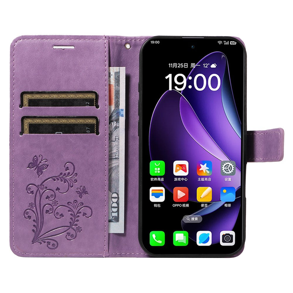 For Oppo Reno13 5G (Global) Wallet Case Floral Butterfly Imprinted Leather Phone Cover Stand - Light Purple