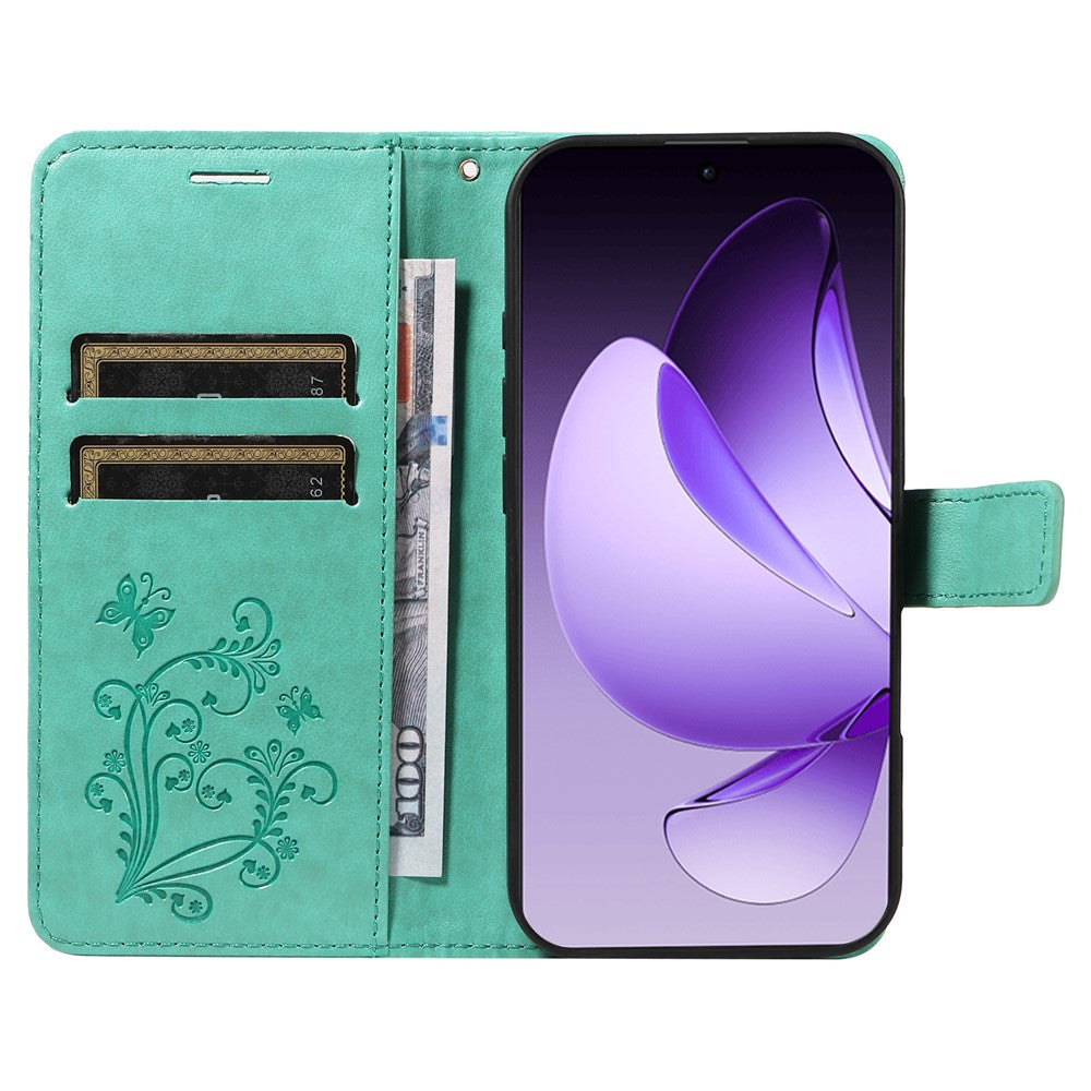 For Oppo Reno13 Pro 5G Wallet Case Floral Butterfly Imprinted Leather Phone Cover Stand -  Green