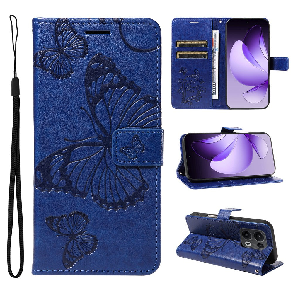 For Oppo Reno13 Pro 5G Wallet Case Floral Butterfly Imprinted Leather Phone Cover Stand - Blue